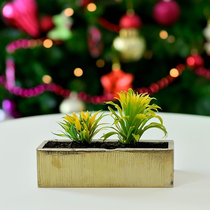 WGVI Long Rectangle Ceramic Planter Vase in Gold Etched 14" x 4" x 4"H, Rectangular Box Block Terrarium Pot, Flower Arrangement, Tabletop Centerpiece, Home Decor Organization Container, 4 Pcs.