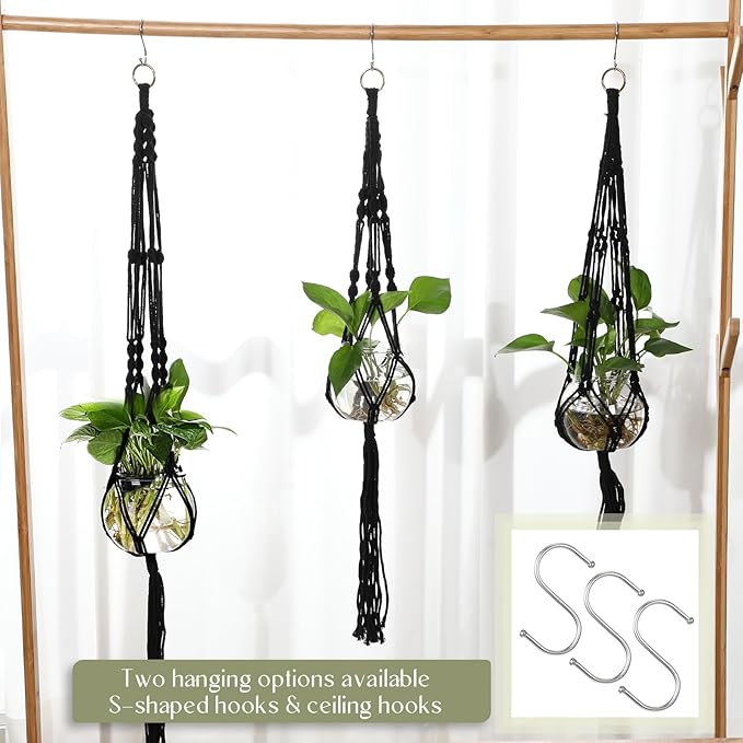 Colingmill 6 Pcs Plastic Plant Propagation with Boho Macrame Hanger Wall Plant Propagation Station Hanging Holder Include Hooks Kit for Indoor Home Garden Office Decor 3 Size (Black)