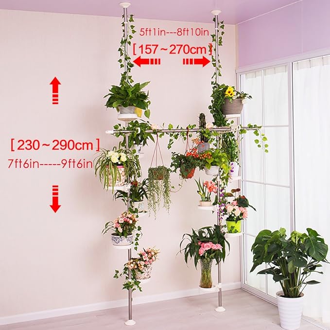 BAOYOUNI Indoor Plant Stands Spring Double Tension Pole Metal Flower Display Rack Space Saver Corner Floral Pot Storage Shelf with 12 Trays, 2 Hooks & 1 Telescopic Rod for Clothes Drying Hanger, Ivory