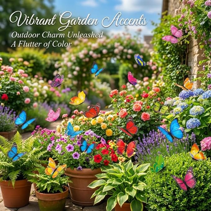 RAINFLOW 50PCS Butterfly Decorations – Butterflies Decorations for Bouquets, Butterfly Garden Decor, Flying Butterflies with Garden Stakes Decorative for Plant Decoration for Pots, Yard & Party