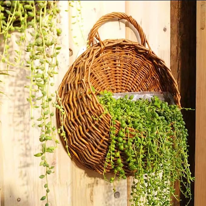 Wall Hanging Flower Basket, Handmade Wicker Hanging Basket for Plant Wall Mount Rattan Chlorophytum Comosum Hanging Basket for Front Door, Home, Garden. (L)