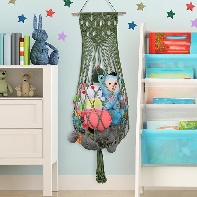 Stuffed Animal Storage, 63'' Jumbo Stuffed Animal Hammock Corner Wall Ceiling Over Door Hanging Toy Hammock Organizer, Avocado Green Toy Net w/ Boho Tassels Star Light for Nursery Boys Girls