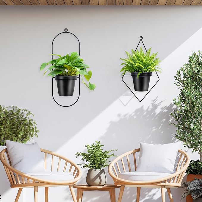 Geometric Wall Planters for Indoor Plants – Set of 2 Black Metal Wall Mounted Plant Holder (Diamond & Oval Shapes) with 5 Inch Flower Pots, Modern haning planters for Indoor Outdoor Décor