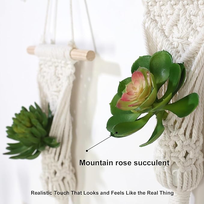 Macrame Wall Hanging Plant Holder with Artificial Succulent, Natural Cotton with Wood Dowel, Boho Wall Decor, Hanging Plants Set of 2 (Succulent 2pcs)
