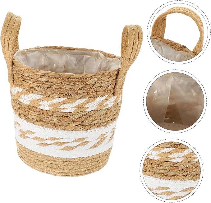 Basket Houseplant Pots Pots for Indoor Plants Indoor Rattan Seagrass Baskets for Storage Wood Seagrass Container Decorate