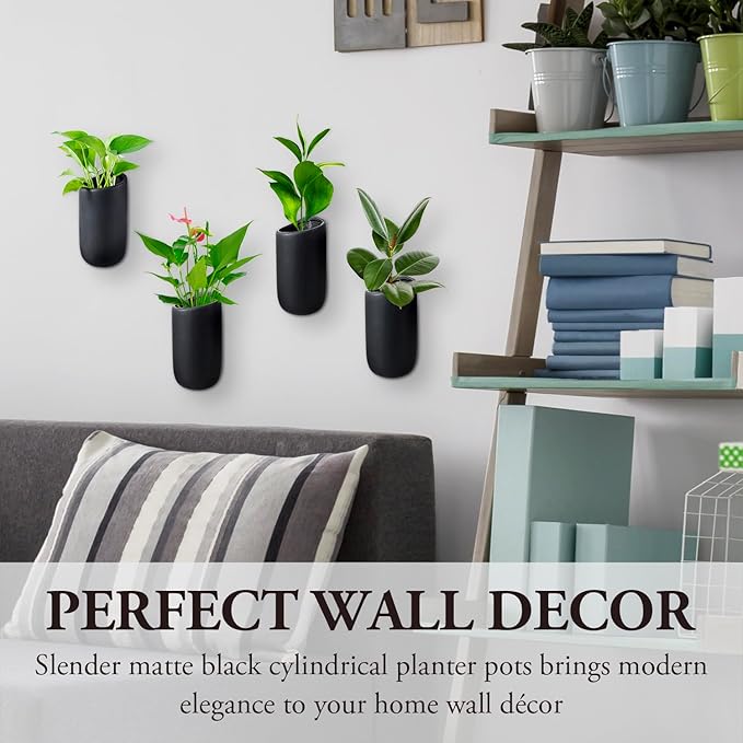 MyGift 7.5 Inch Wall Mounted Modern Matte Black Ceramic Cylindrical Plant Containers, Floating Succulent or Herb Planter Pots, Vertical Hanging Flower Vases, Set of 4