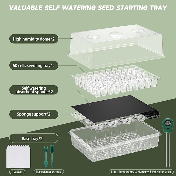 Adawook Self-Watering Seed Starter Tray, Seed Starter Kit Self Water, Germination Trays for Seed Starting with High Humidity Domes (Tray, 120 Cells)