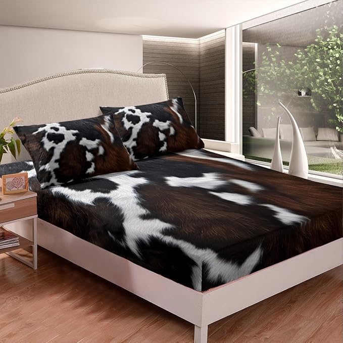 Feelyou Cow Fur Bed Sheets Kids Cowhide Leather Hair Sheet Set Women Men Microfiber Soft Rustic Cow Skin Decor Bedding Set Brown Farmhouse Bed Sheet Set Queen Size Bed Set 4Pcs