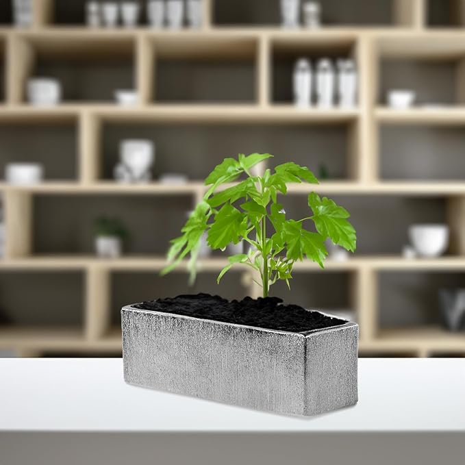 WGVI Long Rectangle Ceramic Planter Vase in Silver Etched 12" x 4" x 4"H, Block Rectangular Terrarium Box Pot, Flower Arrangement, Table top Centerpiece, Home Decor Storage Container, Bulk, 6 Pcs.