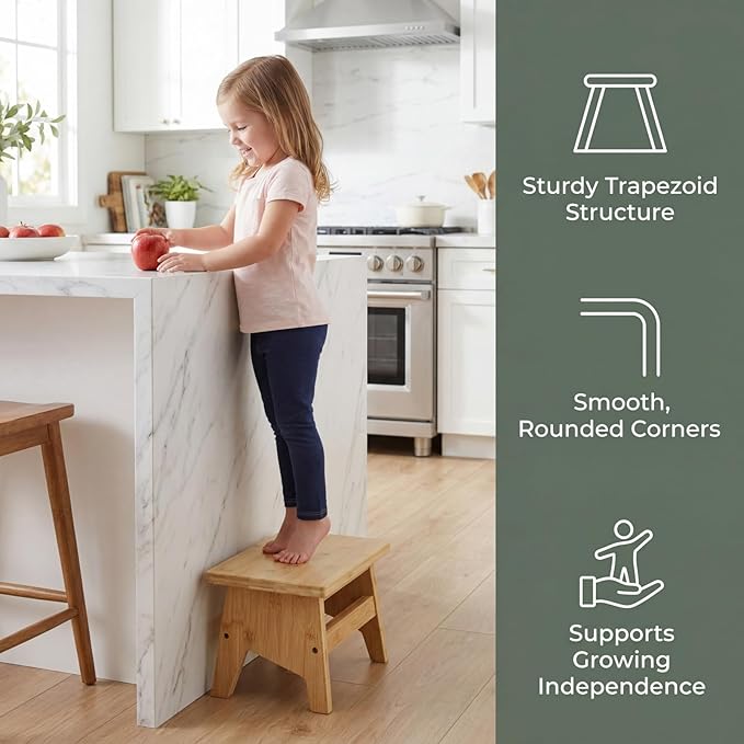 Lyellfe Bamboo Step Stool, Non-Slip One Step Stool, Potty Training Stool, Portable Sturdy Bedside Stool for High Beds, Support up to 300lbs, Easy Assembly