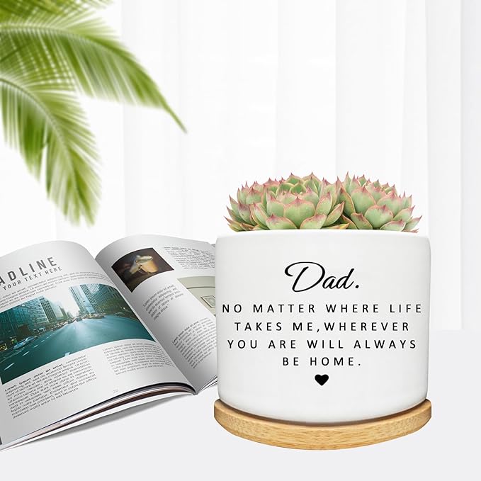 Succulent Planter Pot for Dad - Cute 3 Inch Plant Dad Gift from Daughter or Son with Bamboo Tray, Best Fathers Day Birthday Gardening Gifts for Dad, Grandpa, Husband