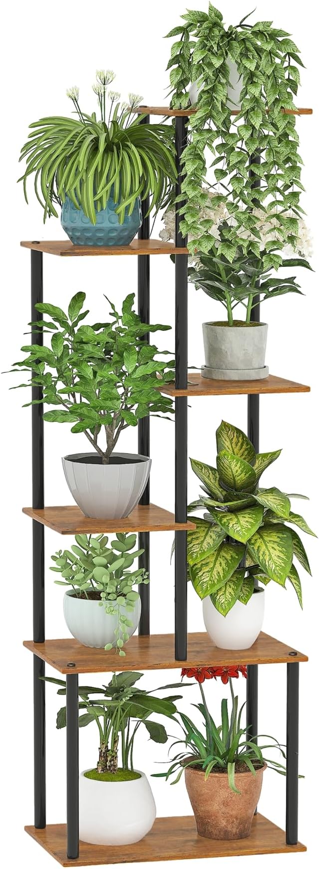 Plant Stand Indoor, 6-Tier Tall Plant Shelf Multiple Metal Wood Flower Pot Holder for Living Room Office Balcony Patio, Rustic Brown
