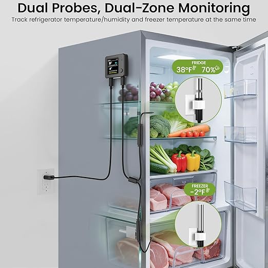 MOCREO WiFi Refrigerator Thermometer with Freezer Alarm, Dual Probes Digital Temperature Sensor with App & Email Alert, 2 Years Free Data Export, for Fridge, Kitchen