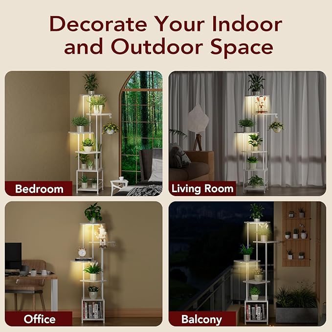 Homsorout Plant Stand Indoor with Grow Light, 6-Tiered Tall Plant Stand Indoor, Metal Plant Shelf with Hanging Basket Hook and Adjustable Light, Ideal for Living Room, Garden, Patio white