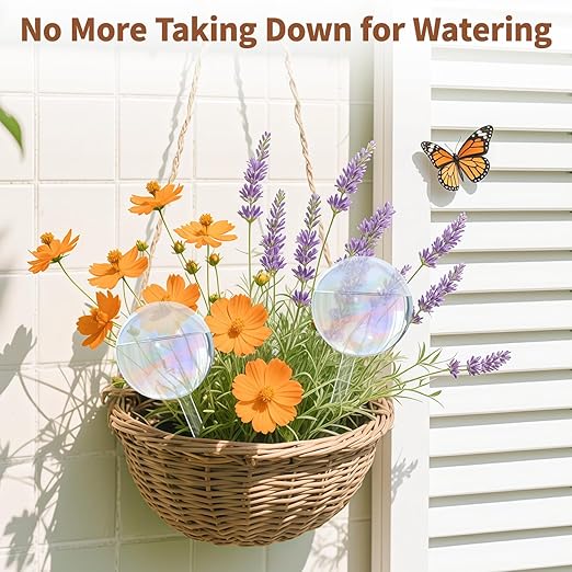 LASZOLA 2 Pcs Rainbow Glass Plant Self-Watering Globe for Indoor Outdoor, House Water Bulb for Small or Large Flower Pot, Iridescent Transparent Decorative Plant Dispenser Ball, Perfect for Vacation