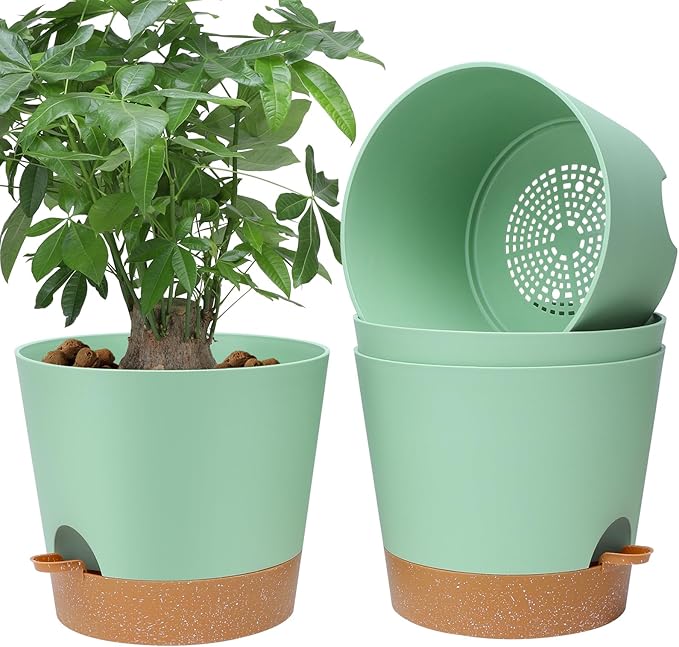 YNNICO 12 Inches Indoor Self Watering Planters with Drainage Holes and Saucers, 4 Pack (Green)