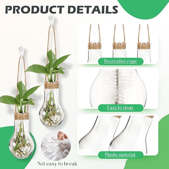 Baderke 12 Pack Hanging Propagation Station 3.9 Inch Plastic Plant Vases with Hooks & Cleaning Brush Clear Window Jars for Plant Clippings, Home Office Decor, Gardening Gifts for Women