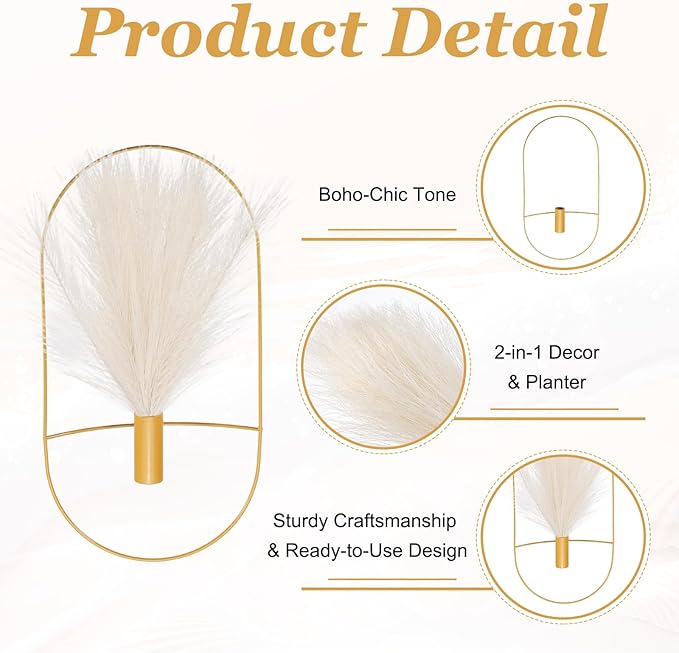 uxcell 2 Pcs Wall Decor Metal Gold Wall Art Hanging Planters with Artificial Pampas, Wall-Mounted Decor Metal for Display Artwork Plant Hanging Living Room Bedroom, Beige (Oval)