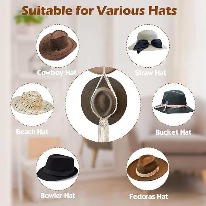 Hat Racks Hat Hangers for Wall, Bohemian Hat Organizer for Wall Hanging Hat Display, Hand Weaving Boho Hat Rack Decorative Cowboy Women Hat Holder for Wide Brim Bowler Fedoras Caps