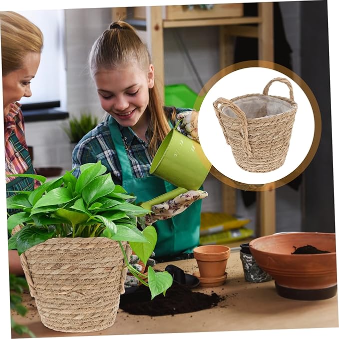 Manufactured Seaweed Material Straw Flowerpot Flowerpot Bucket Retro Storage Basket Ideal for Indoor Flower Plants