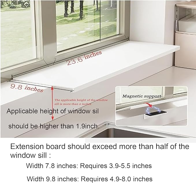 Window Sill Extender 24x10in Carbon Steel Ledge Plant Shelf Countertop Extension Board with Magnetic Base for Kitchen, Bathroom Office Organization
