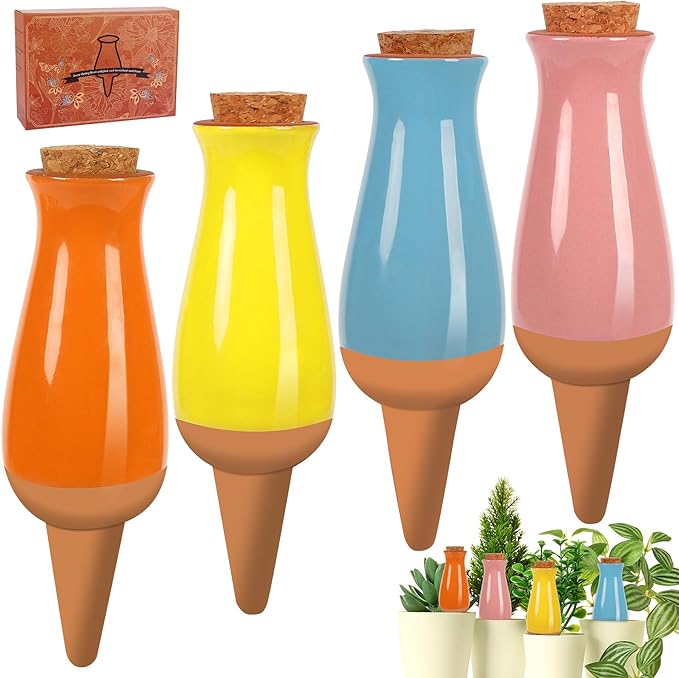 4 Packs Ollas Plant Watering Globes, 12 Oz Terracotta Self Watering Planter Insert, Automatic Watering Devices, Clay Drip Irrigation Stake for Indoor & Outdoor Plant, 1 Week Easy to Refill(Multicolor)