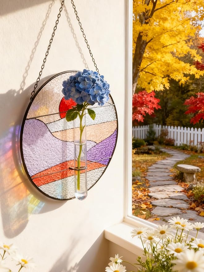 Stained Glass Propagation Stations - Sunshine Catcher Window Hanging Plant Holder, Terrariums Wall Decor for Women Mom Plant Lovers Gardening Gifts, Purple
