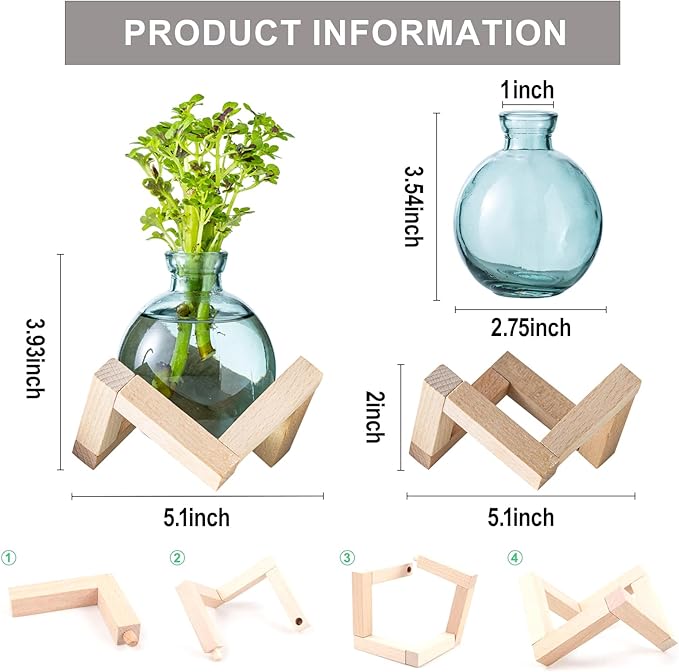 Plant Propagation Station, Plant Terrarium with Wooden Stand for Hydroponic Plant Propagation, Propagation Vases for Plants, Green Glass Bulb Vases for Home Office Decor (2)
