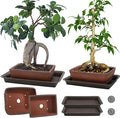 2 Pack Ceramic Bonsai Pots with Drainage Tray, 6" and 7" Unglazed Rectangle Bonsai Tree Planters, Bonsai Training Pots, Succulent Cactus Planter with Drainage Hole for Outdoor Indoor, Brown