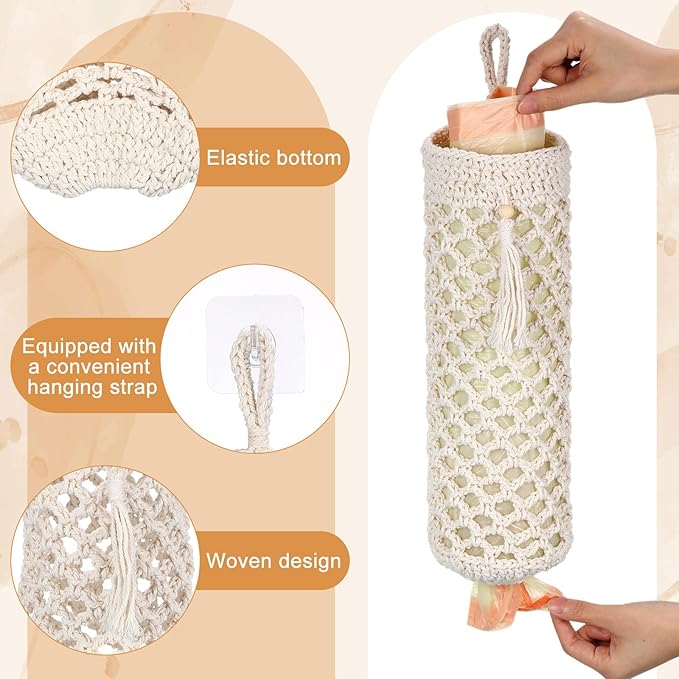 Plastic Bag Holder, Macrame Grocery Bag Storage Reusable Hanging Shopping Trash Bags Dispenser Boho Decor for Kitchen Closet Pantry Laundry Room, with 1 Traceless Hook