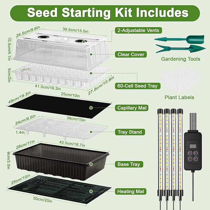 60-Cell Self-Watering Seed Starter Tray with Grow Light, Indoor Seed Starting Kit Trays with Heat Mat, Adjustable Brightness Plant Germination Trays Growing Kit with 4.13" Humidity Dome for Seeds Grow