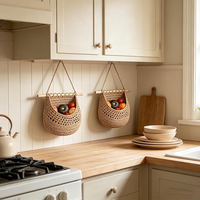 Hanging Fruit Basket Handmade Boho Cotton Rope Wall Hanging Basket Over Door Storage Woven Baskets for Kitchen and Bedroom to Store Any Small Stuffe (1, jute)
