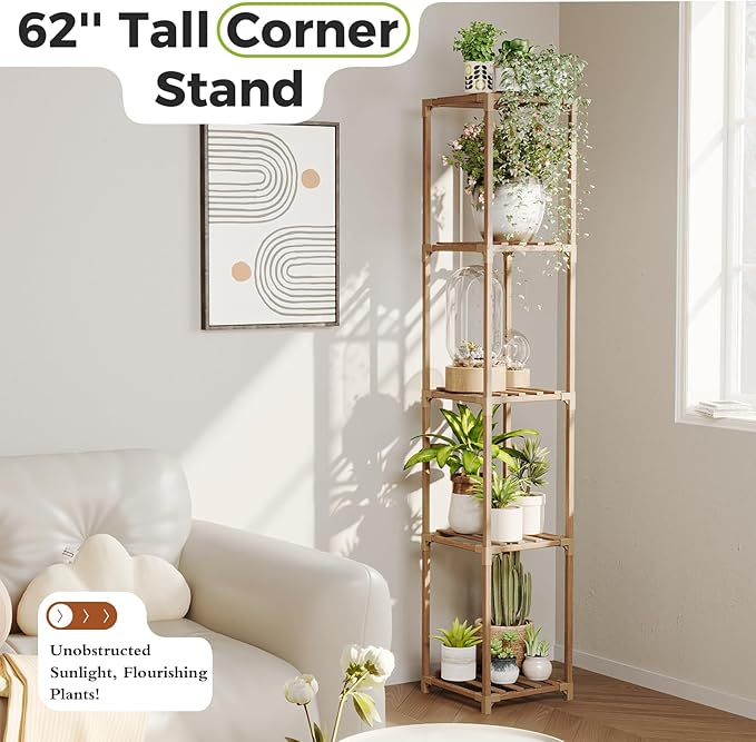 Bamworld Plant Stand Indoor Outdoor 5 Tier Tall Large Wood Plant Shelf Multi Tier Flower Stands Garden Shelves Wooden Plant Display Holder Rack for Living Room Corner