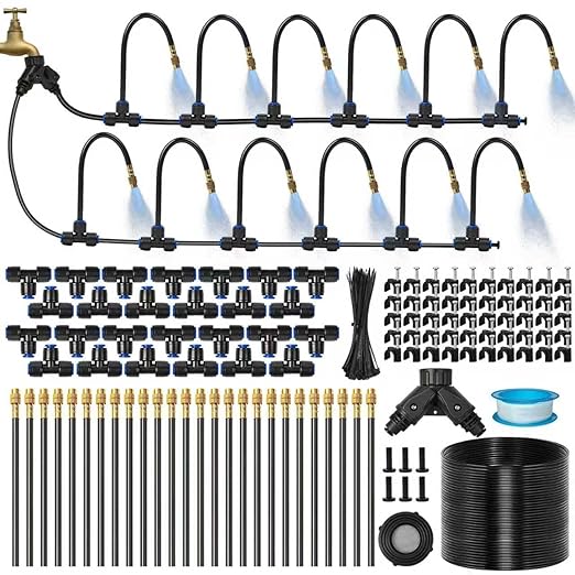 160Ft 1/4" Drip Irrigation System for Garden – 34 Adjustable Copper Nozzles, Automatic Atomizing Sprinkler System for Outdoor Plants Raised Bed, Yard, Potted Plants & Lawn