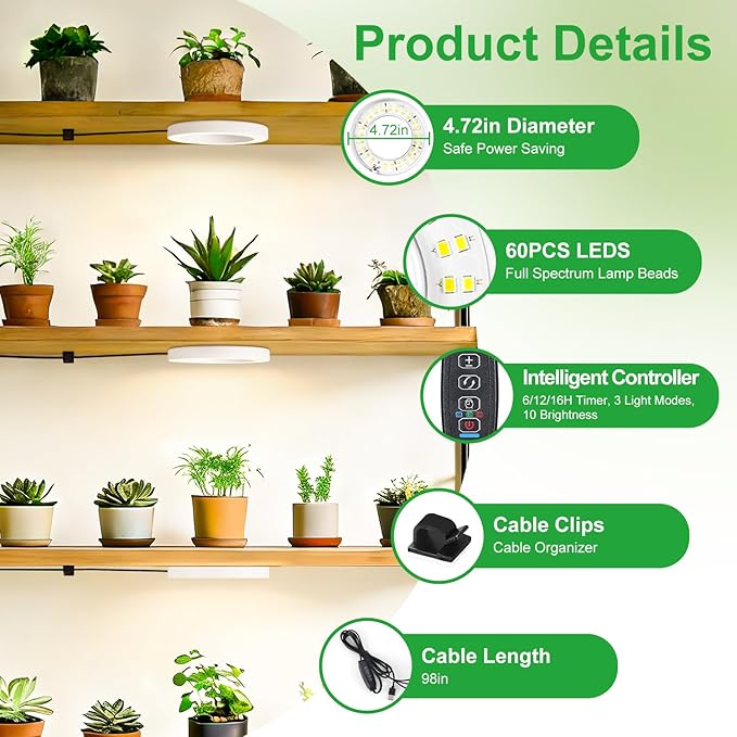 Indoor Plant Grow Lights, 180 LEDs Full Spectrum Grow Lamp, Plant Growing Light for Cabinets and Plant Shelf, with 6/12/16H Auto Timer, 3 Lighting Modes, 10 Brightness Levels, 3 Head 4.72 in