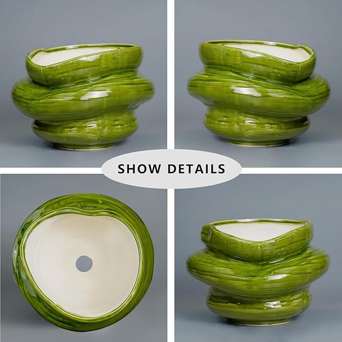 Ceramic Planters Bonsai 10.6 Inch - Planters with Drainage Hole, Flower Pots for Indoor Plants Outdoor Plants, Large Plant Pot for Home Decor, Gift for Men Women, Green