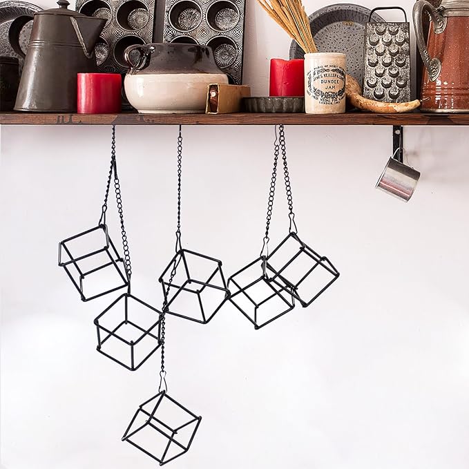 6 Pack Metal Hanging Air Plant Holders - Geometric Black Cube Tillandsia Hangers with Long Chains, Wall or Ceiling Mount for Small Air Plants, Home & Office Boho Decor (Individual or Combined Use)
