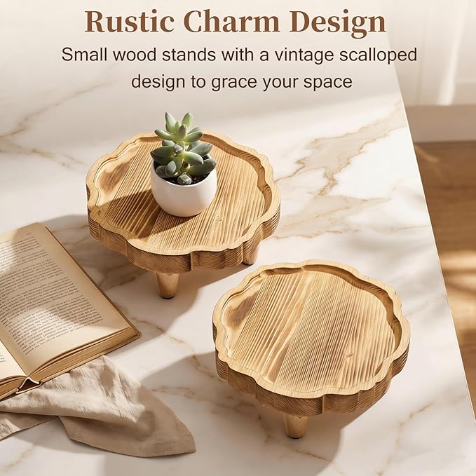 Covzoe 2 Pack Mini Wood Pedestal Stand, 8.5 Inch Small Plant Risers for Decor, Farmhouse Plant Stool Display Stand, Footed Pedestal Tray Plant Holder for Candles, Soap, Garden, Patio, Home, Kitchen, Bathroom