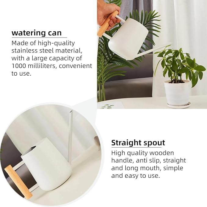 Indoor Watering Can with Long Spout, 34oz Capacity, White Metal with Wood Handle (White-Z1)