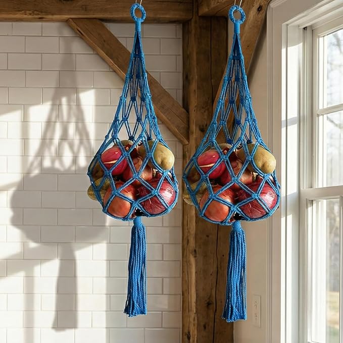 2 Packs Bohemian Macrame Hanging grocery bag, handmade storage breathable hanging bag for Onion/fruit/patato/tamato, Cotton Net Storage Holder, kitchen hanging organizer Blue