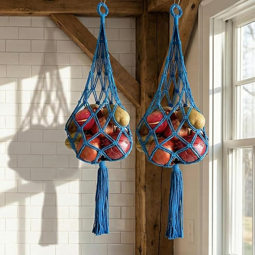 2 Packs Bohemian Macrame Hanging grocery bag, handmade storage breathable hanging bag for Onion/fruit/patato/tamato, Cotton Net Storage Holder, kitchen hanging organizer Blue