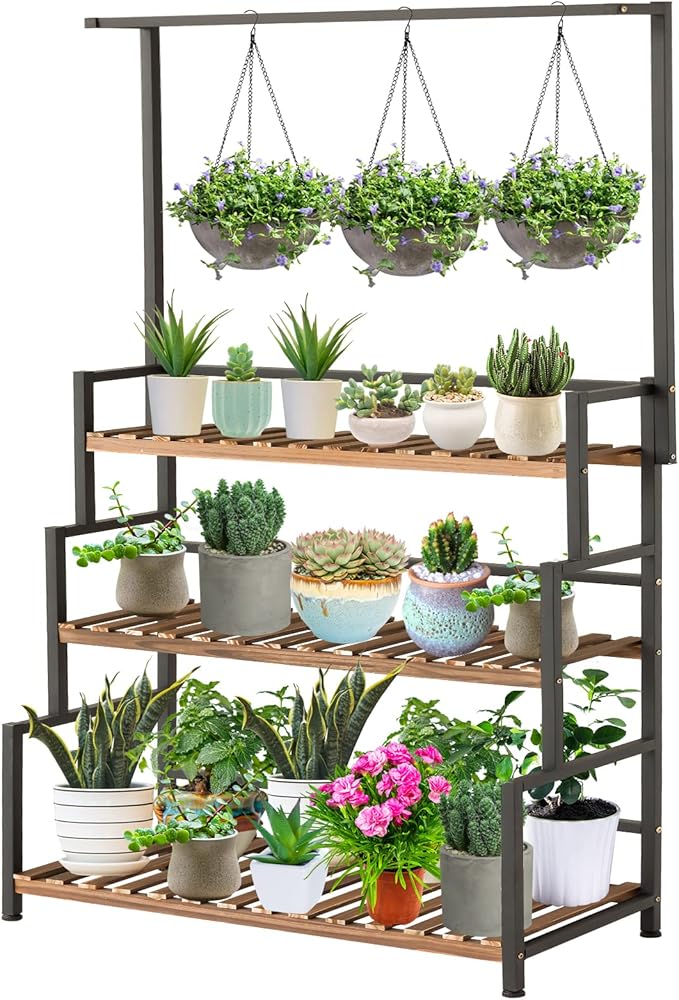 ULIKE 3-Tier Plant Stand with Hanging Bar for Indoor Outdoor Patio, Carbonized Pine Wood and Metal Frame Display Shelf, 52 Inch Tall Vertical Plant Rack for Balcony Garden Living Room