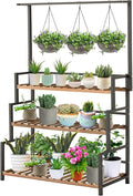 ULIKE 3-Tier Plant Stand with Hanging Bar for Indoor Outdoor Patio, Carbonized Pine Wood and Metal Frame Display Shelf, 52 Inch Tall Vertical Plant Rack for Balcony Garden Living Room