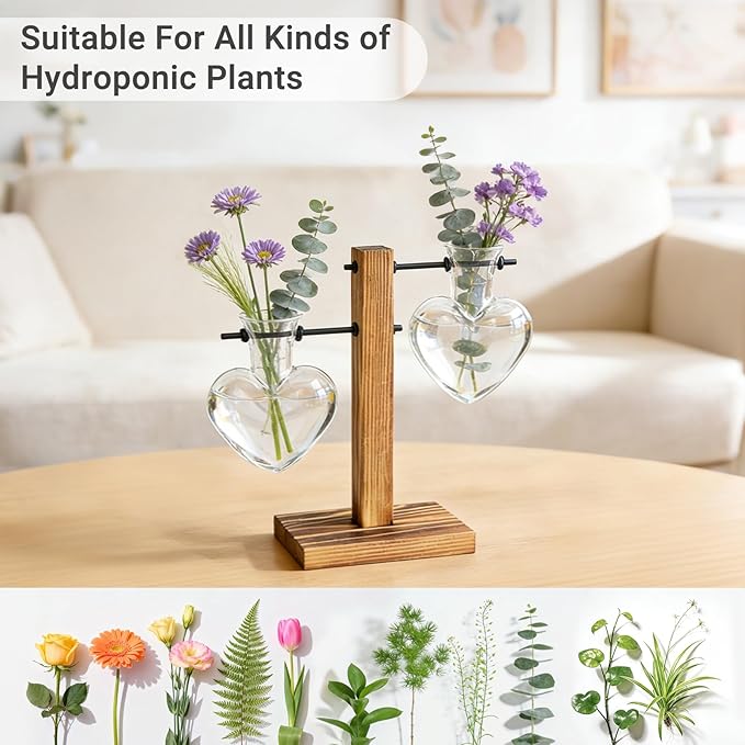 Mkono Heart Shaped Propagation Station with Wood Stand, Glass Hydroponic Planter Desktop Plant Terrarium for Home Office Decor, Gifts for Plant Lovers - 2 Love Bulb Pot Vase