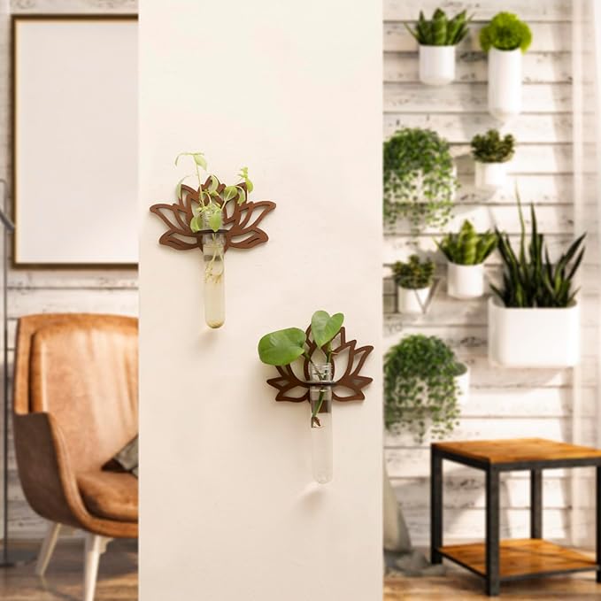 Artilady 2 Pack Plant Propagation Station Lotus Flower Wall Hanging Wood Plant Terrarium for Hydroponics Home Office Decor Test Tube Propagate Air Cutting Holder