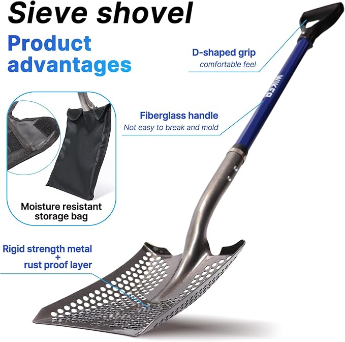 WIKER 45in Sand Sifting Shovel with Blue Fiberglass Handle - Heavy Duty Rock/Garden Sifter for Chicken Coop, Soil Screening, Gardening