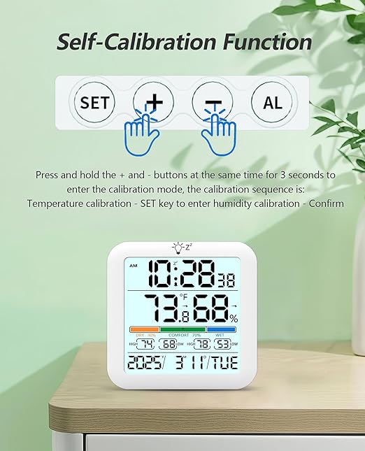 Mini Digital Indoor Thermometer Hygrometer Clock, Room Temperature Humidity Monitor with Calibration, Backlight, Air Comfort Indicator, 24H Max Min Record, Time, Alarm for Home (Size：3.2"x 3.2")