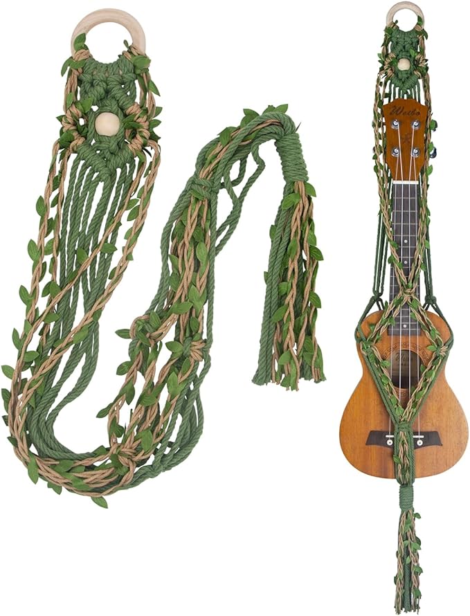 Macrame Ukulele Hanger Wall Mount - Handwoven Holder for Soprano Ukulele, Boho Wall Decor, Natural Cotton Rope with Protective Padding