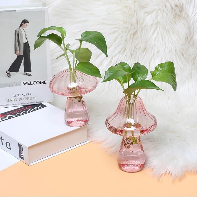 Mushroom Glass Vase Propagation Stations Flower Vases Home Decor Mushroom Planter Cute Vases Garden Decoration Set of 2