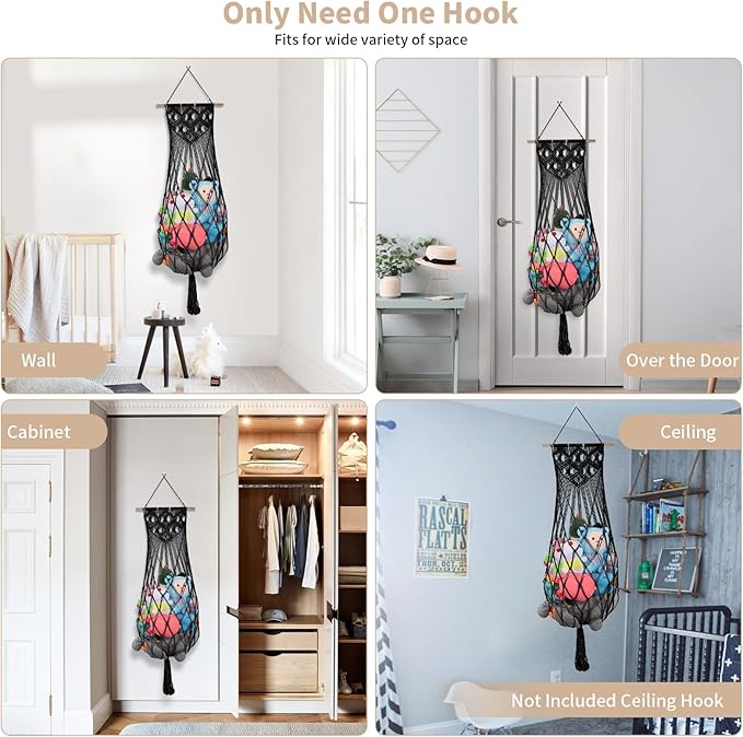63'' Jumbo Stuffed Animal Storage Hammock Corner, Boho Macrame Stuffy Hammock for Wall Ceiling Over Door Hanging Toy Hammock, Black Plush Toy Net Holder w/ Star Lights for Kids Boys Girls Gift